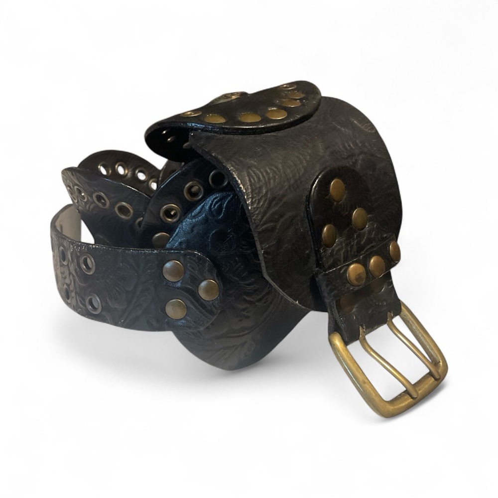 Women’s Black brown and Gold Embossed Leather Belt - Picture 6 of 7
